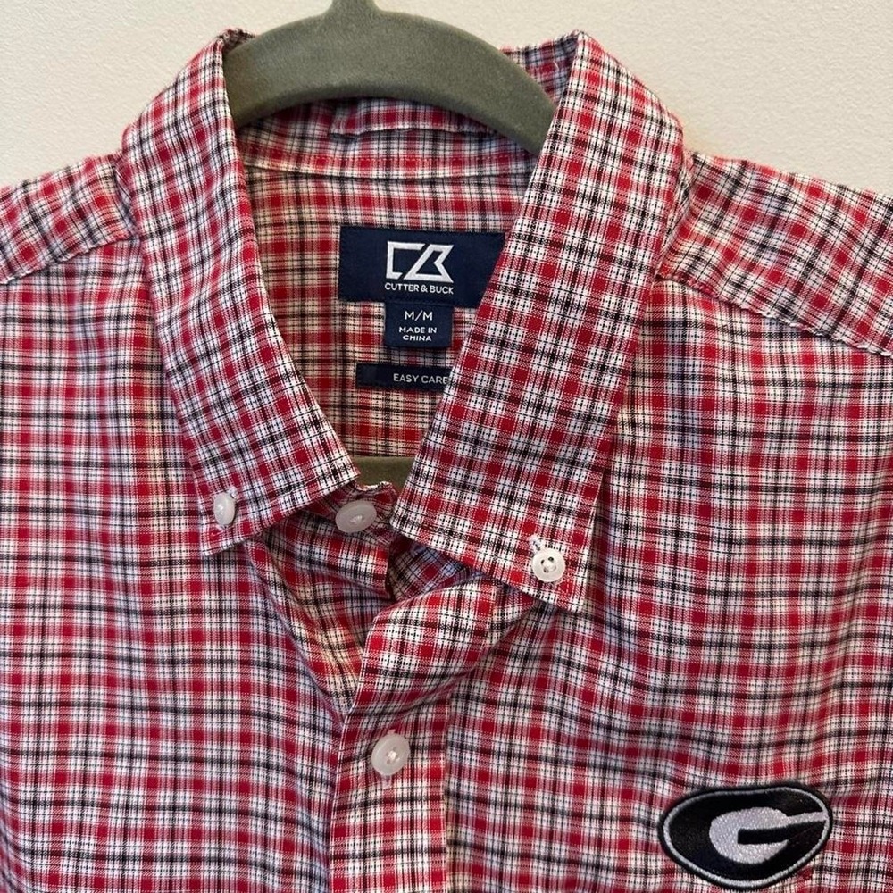 Cutter & Buck men's medium red plaid button-down shirt Georgia Bulldogs "G" logo